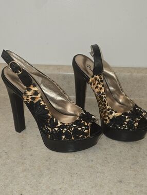 Leopard Print Slingback Platform Heels with Black Lace - 5.5